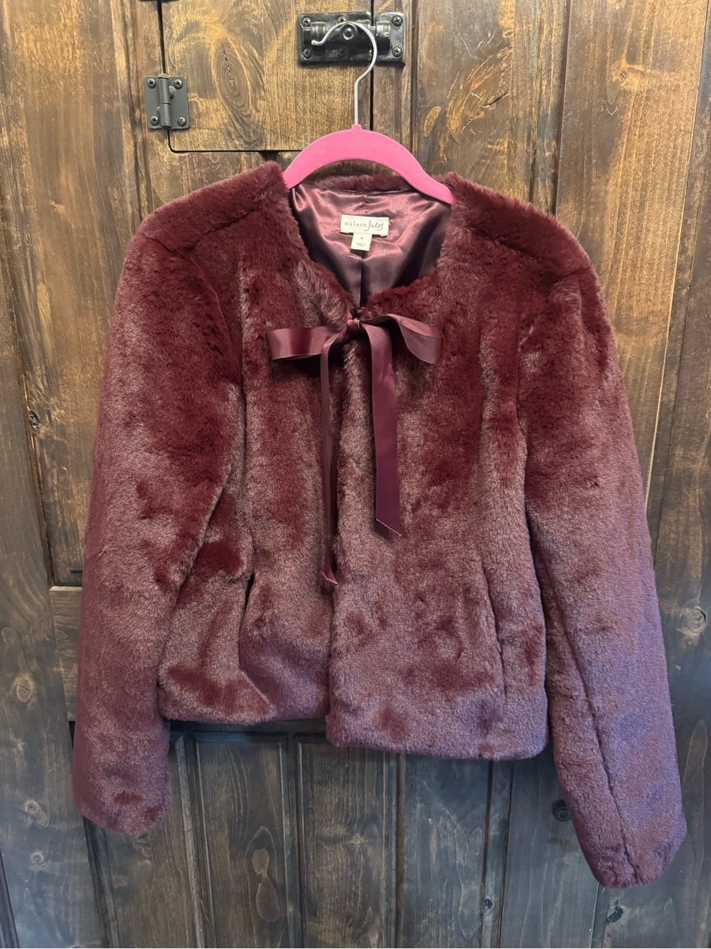Maison Jules Plush Faux-Fur Teddy Jacket in Wine